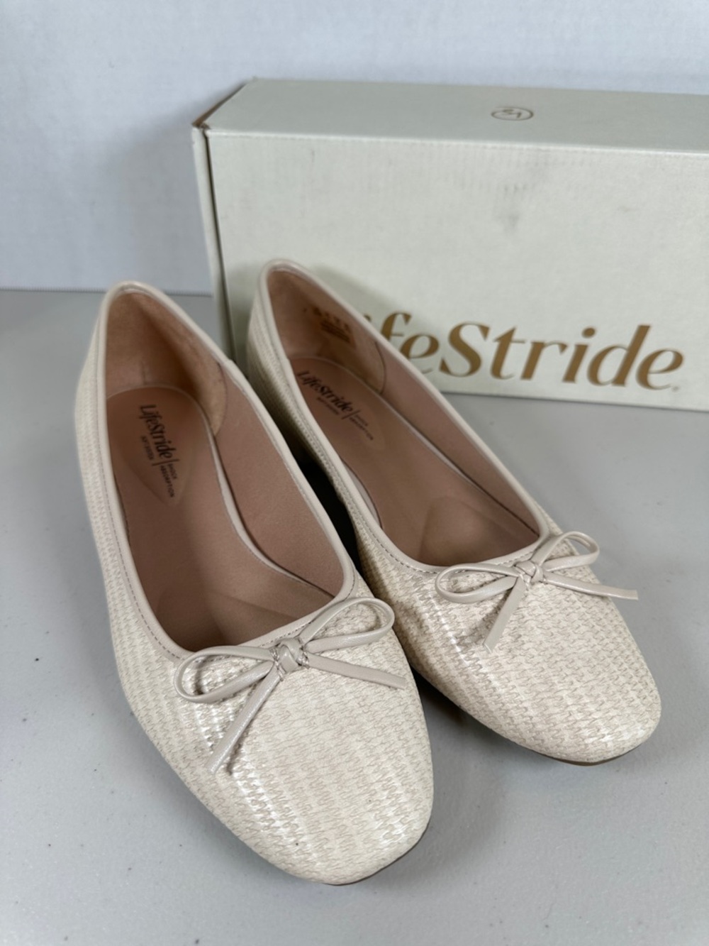 Life Stride Ivory Woven Ballet Flats with Bow Trim